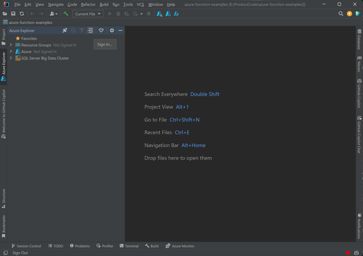 The IntelliJ Azure Sign In command.