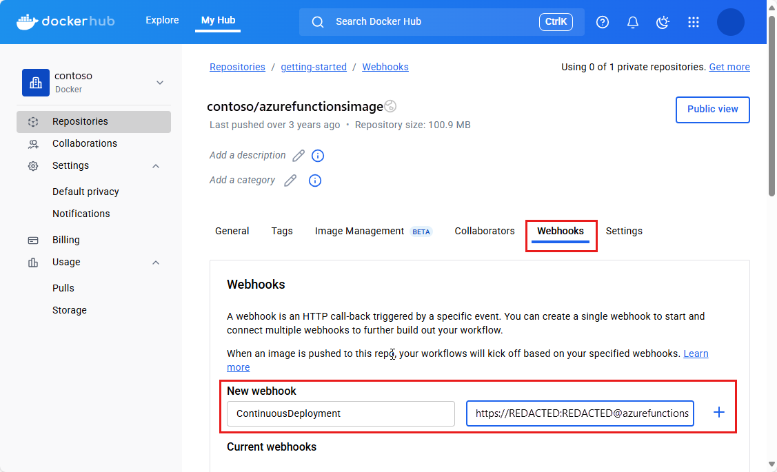 Screenshot showing how to add the webhook in your Docker Hub window.
