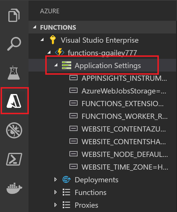 Screenshot for viewing function app settings in Visual Studio Code.