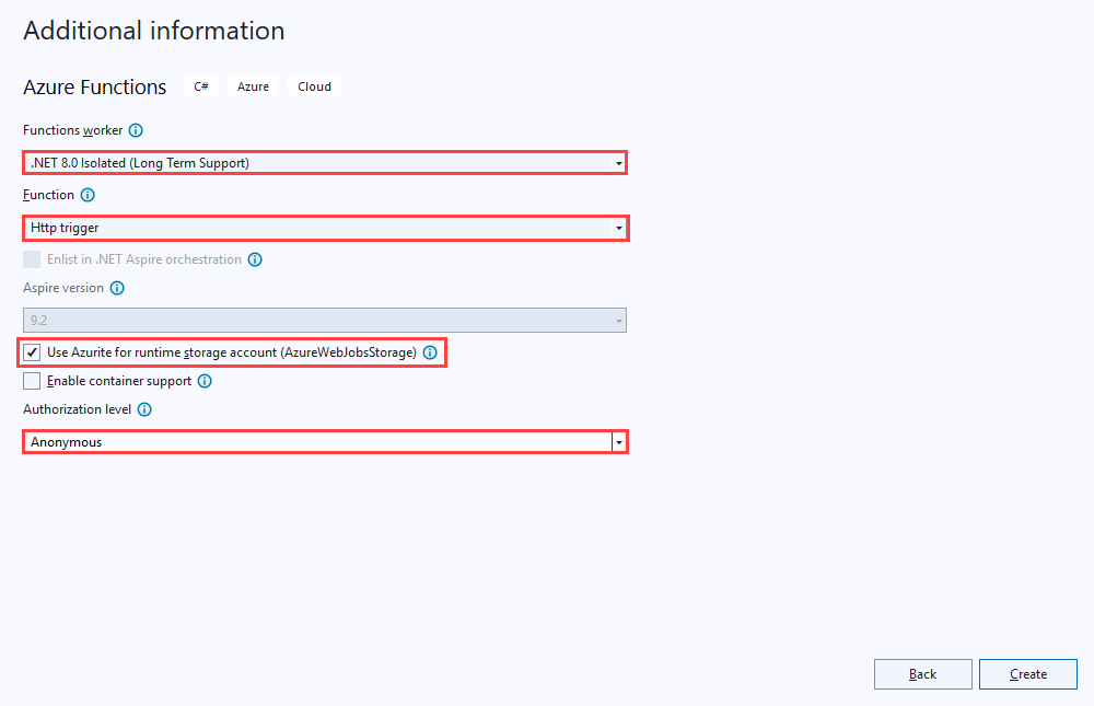 Screenshot of the Visual Studio Additional information dialog that shows configured settings like an isolated .NET version for the Functions worker.