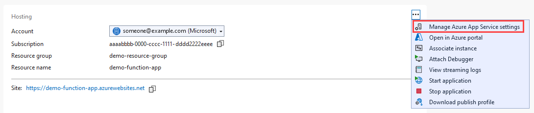 Screenshot of the publish profile page Hosting section. The ellipsis shortcut menu is open, and Manage Azure App Service settings is highlighted.
