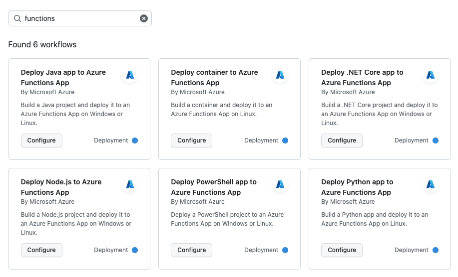 Screenshot of search for GitHub Actions functions templates.