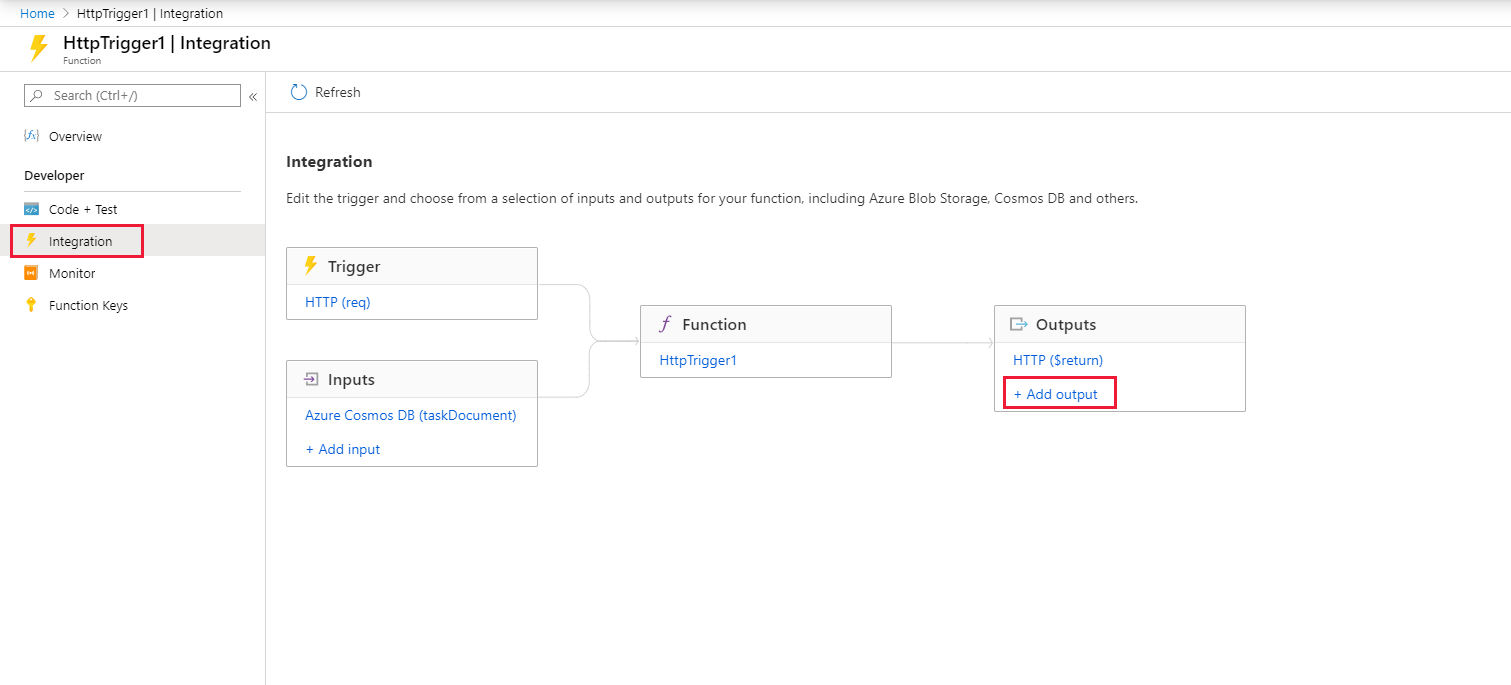 Screenshot that shows how to create an output binding for your function.