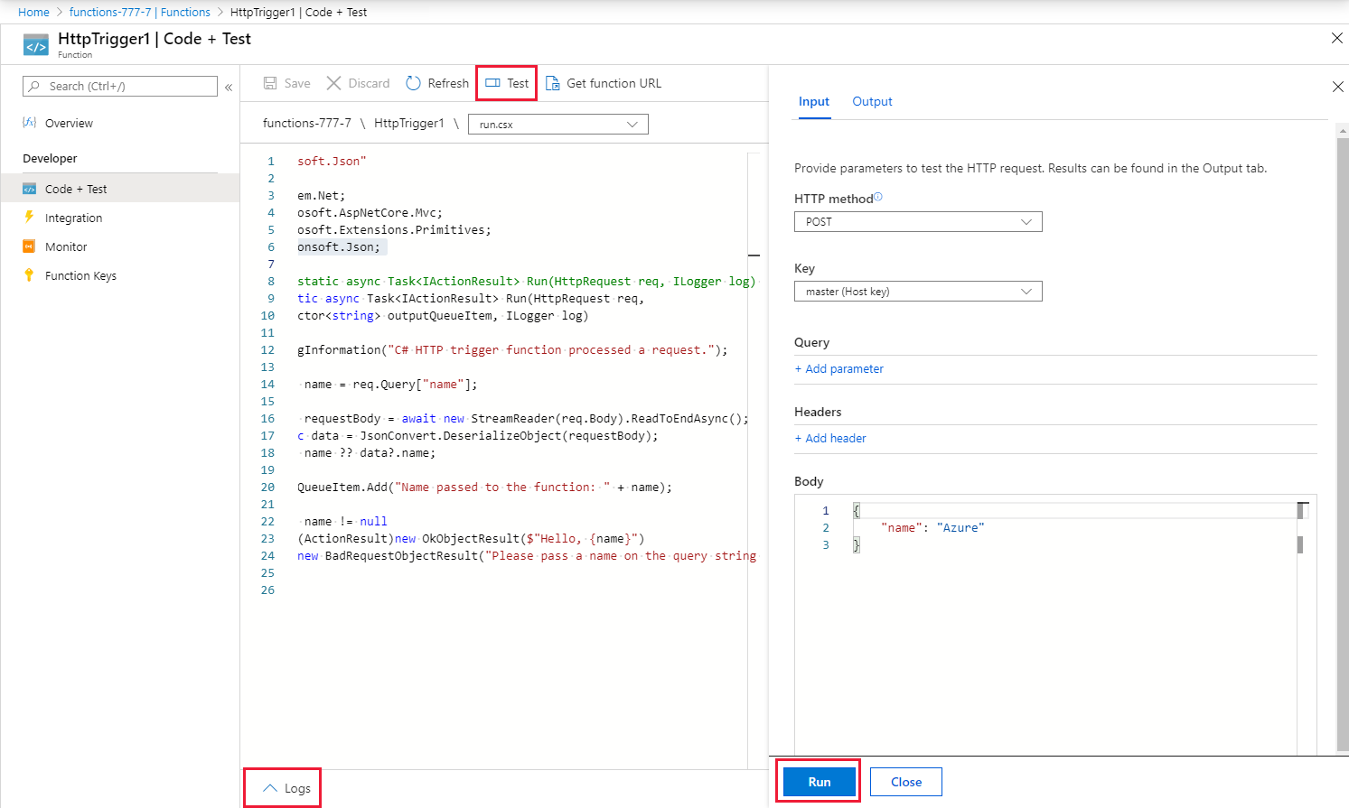 Screenshot that shows how to test the Queue Storage binding in the Azure portal.