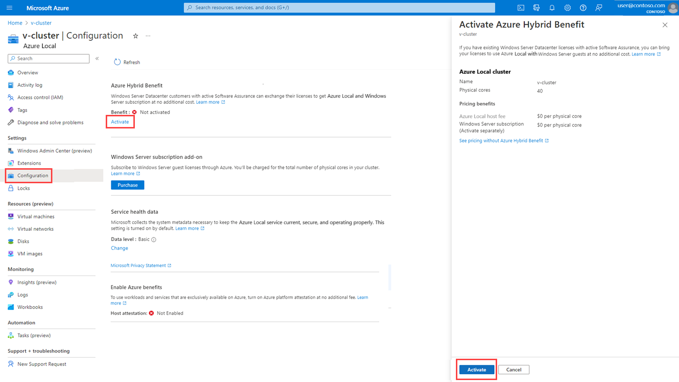 Screenshot showing how to activate Azure Hybrid Benefit.