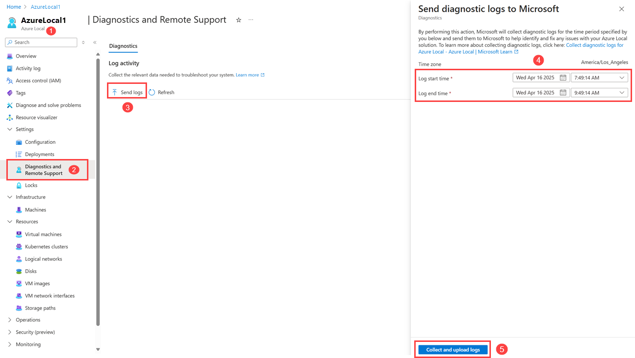 Screenshot of the steps to collect and send diagnostics logs via the Azure portal.