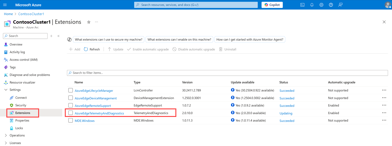 Screenshot of the Telemetry and Diagnostics extension in the Azure portal.