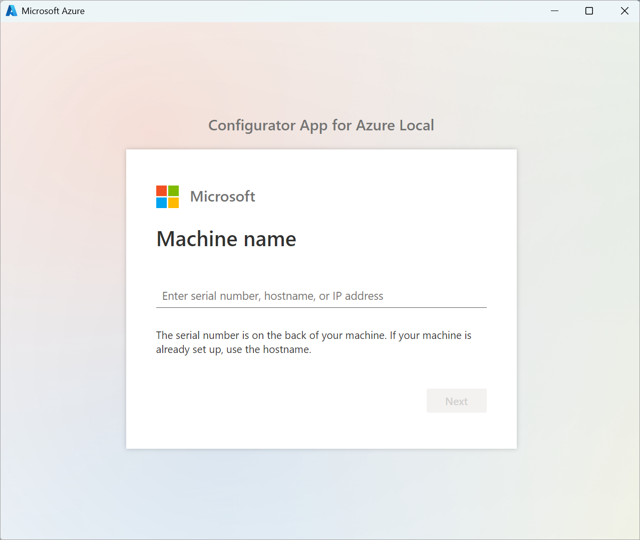 Screenshot of the machine serial number dialog in the Configurator app for Azure Local.