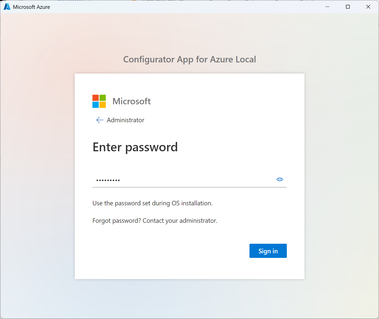 Screenshot of the password in the Configurator app for Azure Local.