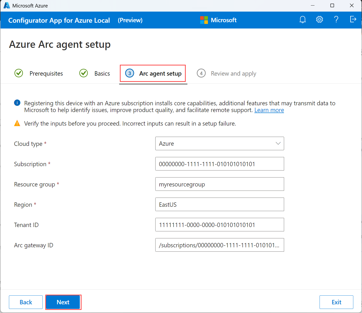 Screenshot of the Arc agent setup tab in the Configurator app for Azure Local.