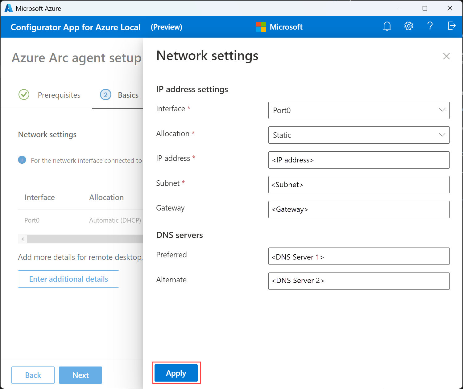 Screenshot of the Basics tab with Network settings configured in the Configurator app for Azure Local.