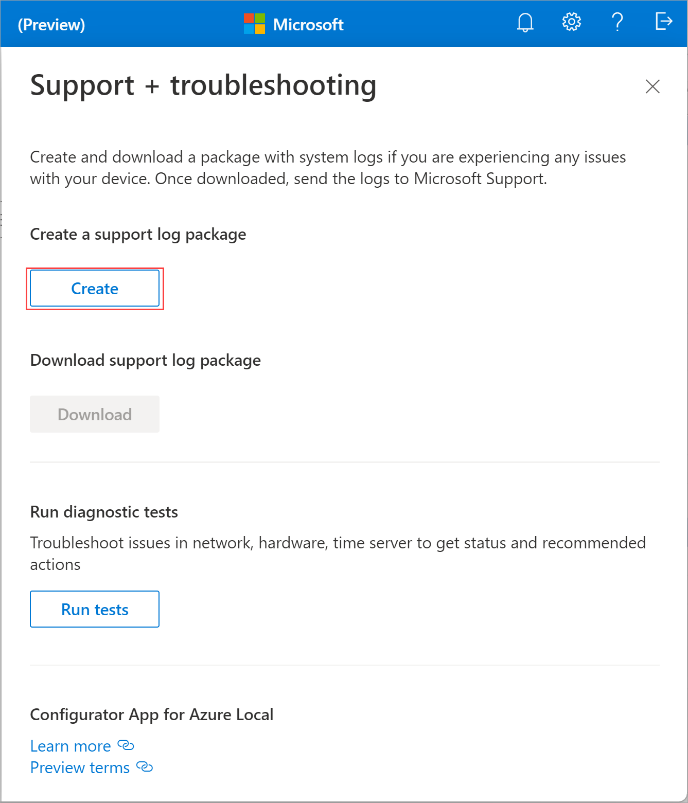 Screenshot that shows the Support and troubleshooting pane with Create selected.