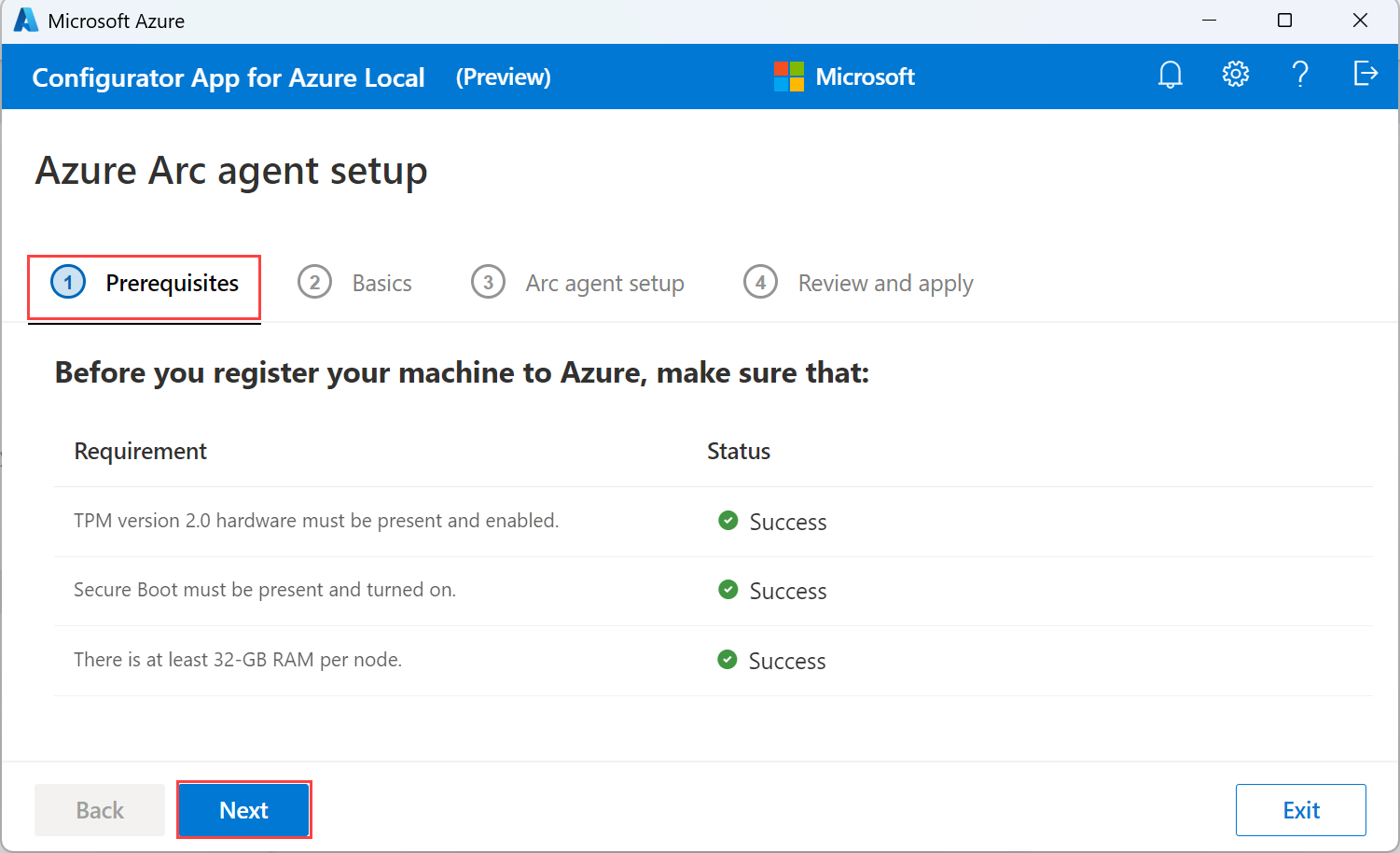Screenshot of the Prerequisites tab in the Configurator app for Azure Local when all the prerequisites are met.