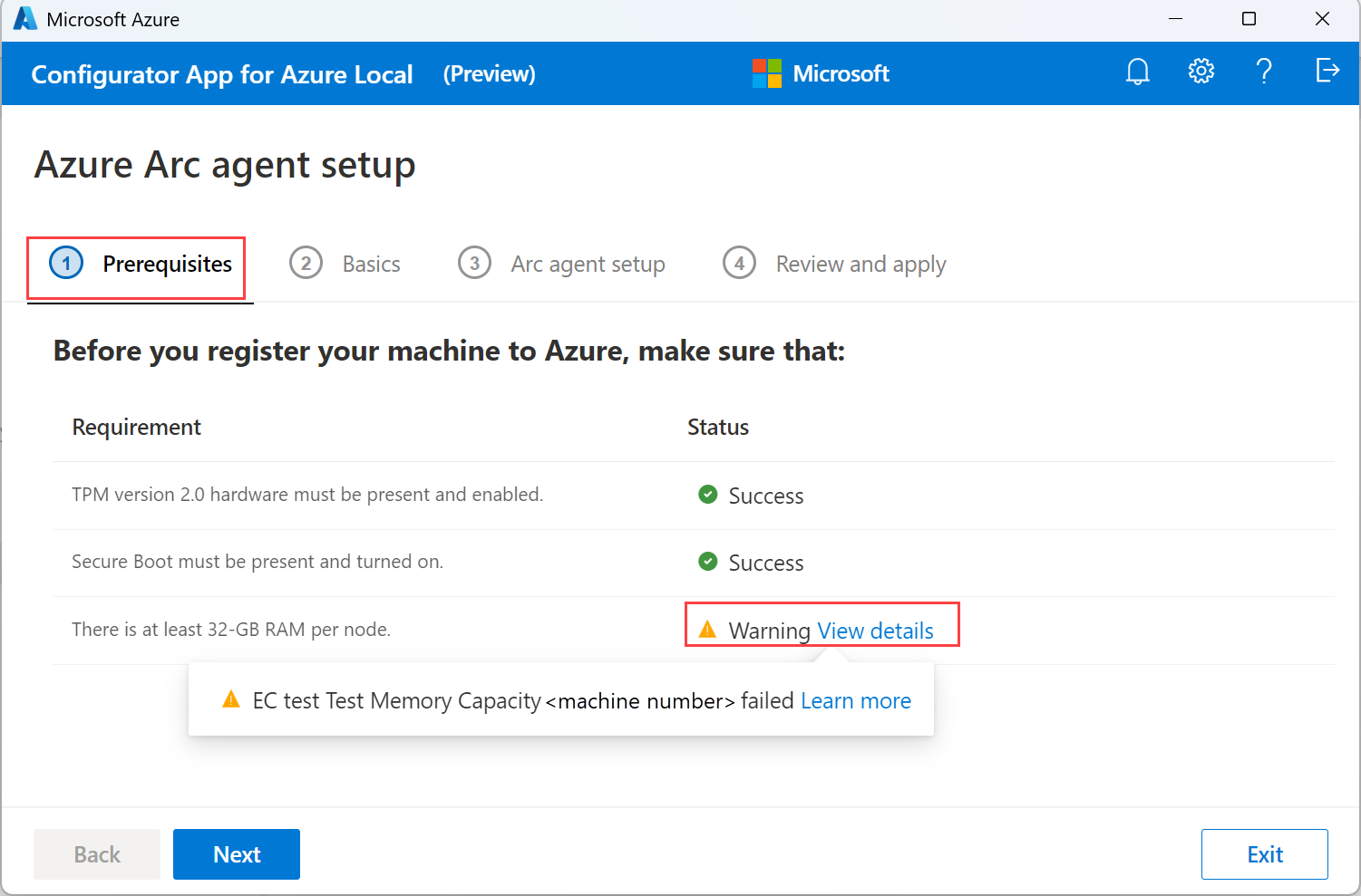 Screenshot of the Prerequisites tab in the Configurator app for Azure Local when one of the prerequisites isn't met.