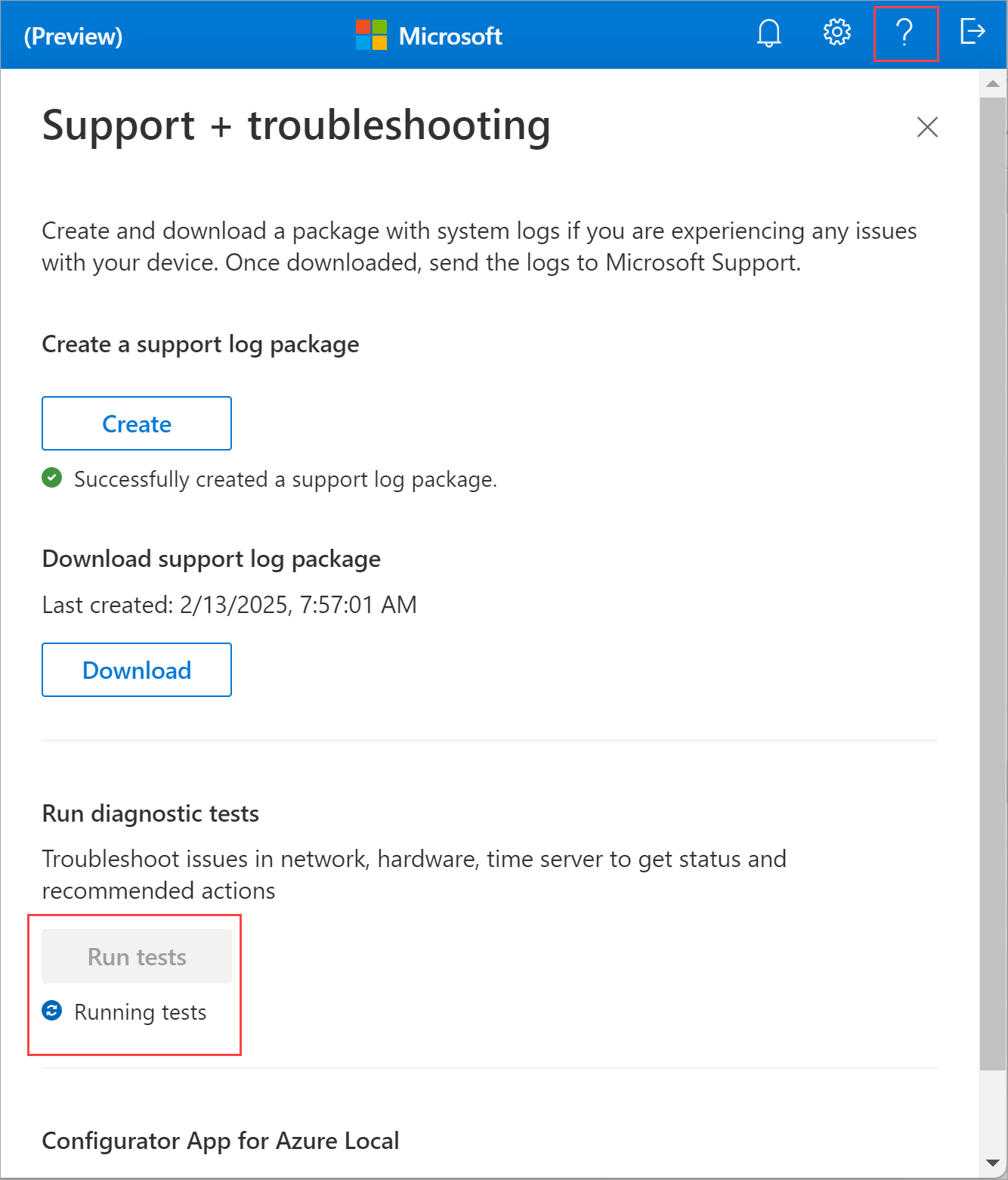 Screenshot that shows the Support and troubleshooting pane with Run diagnostic tests selected.