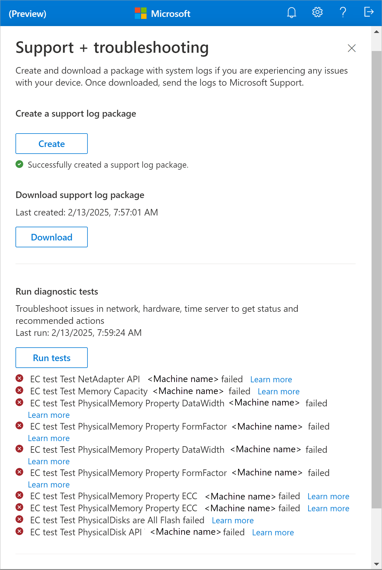 Screenshot that shows the error output after the diagnostic tests were run.