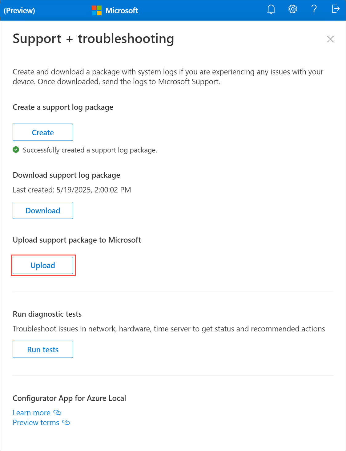 Screenshot that shows the Support and troubleshooting pane with Upload package selected.