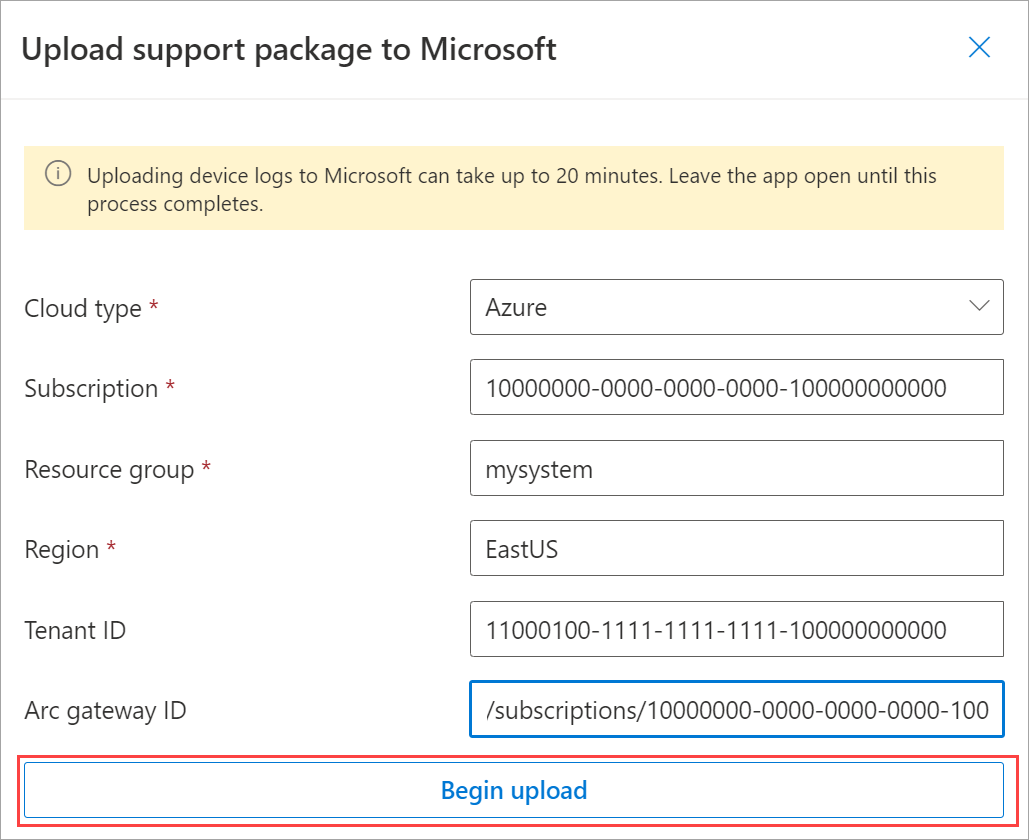 Screenshot that shows the Upload Support Package dialog filled out.