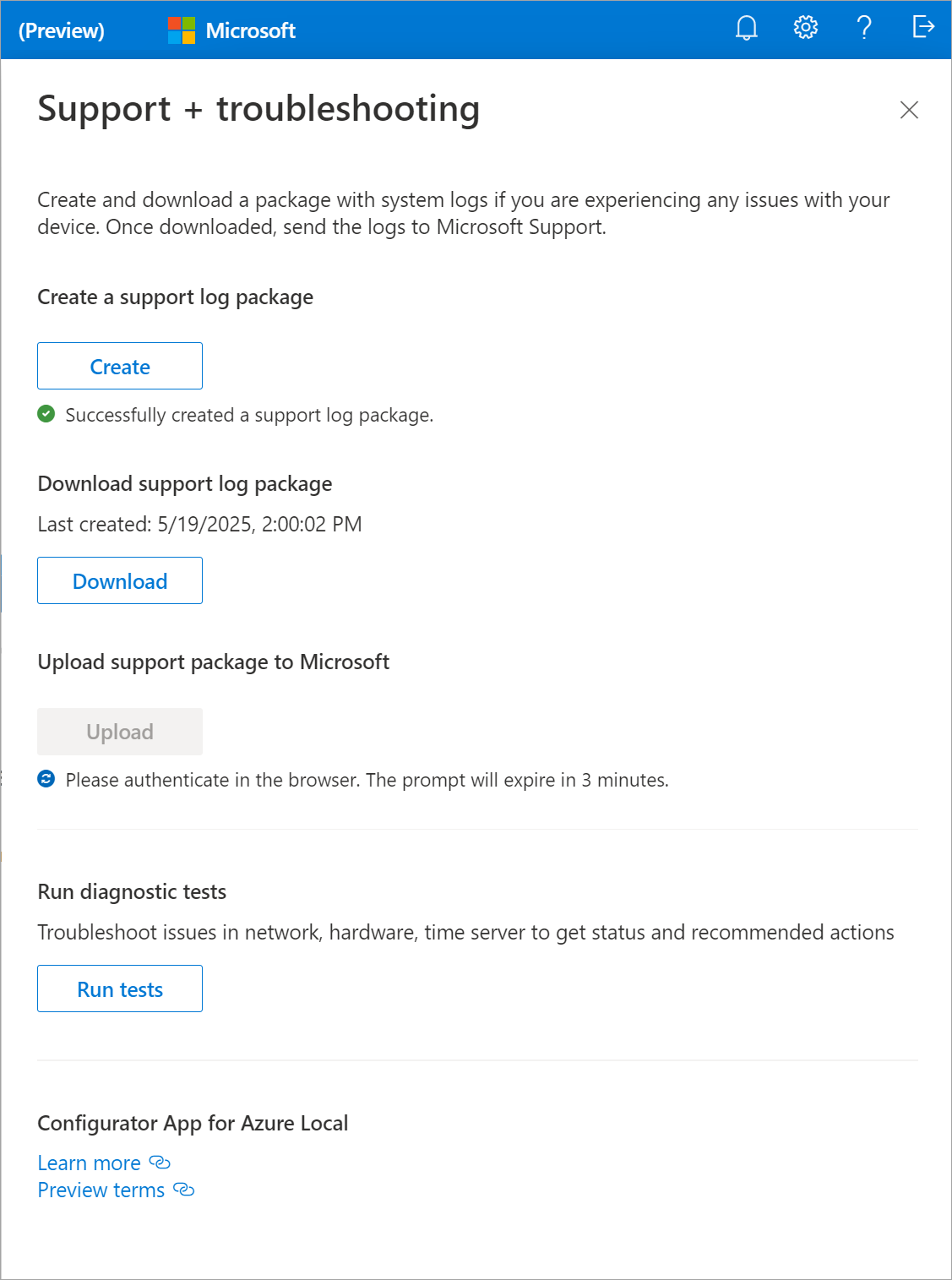 Screenshot that shows the Support and troubleshooting pane with Upload selected and authentication guidance.