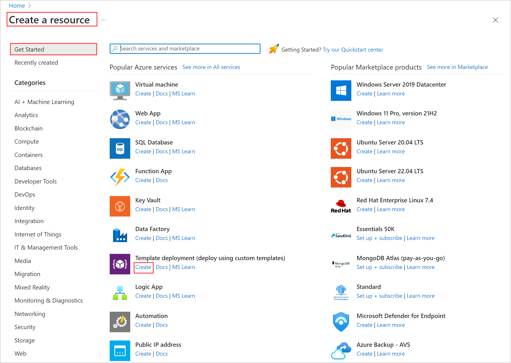 Screenshot showing the template deployment (deploy using custom template).