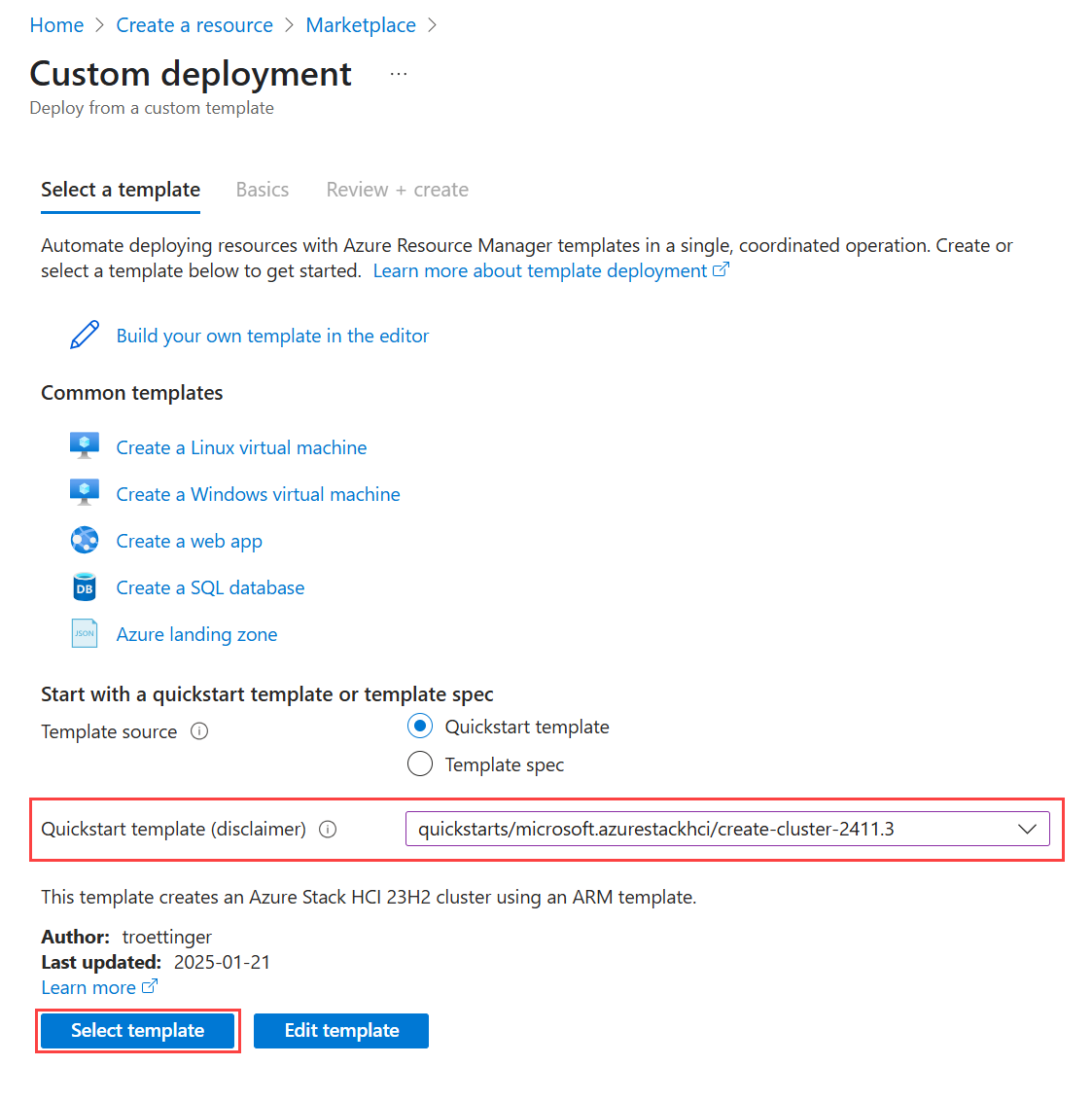 Screenshot showing template selected for version 2411.3 and earlier.
