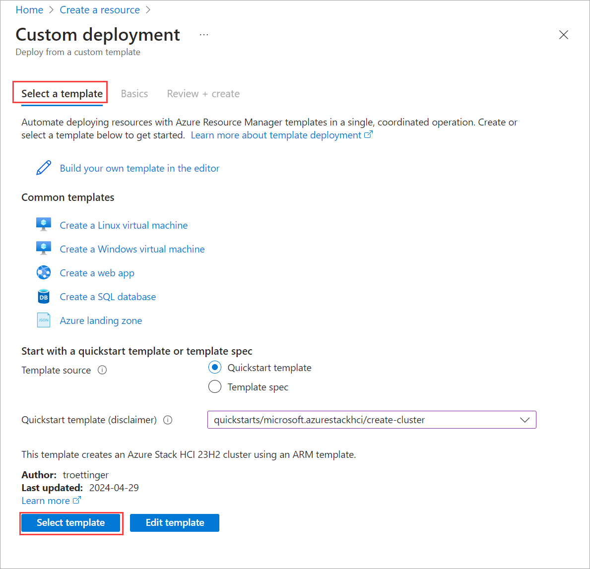 Screenshot showing template selected.