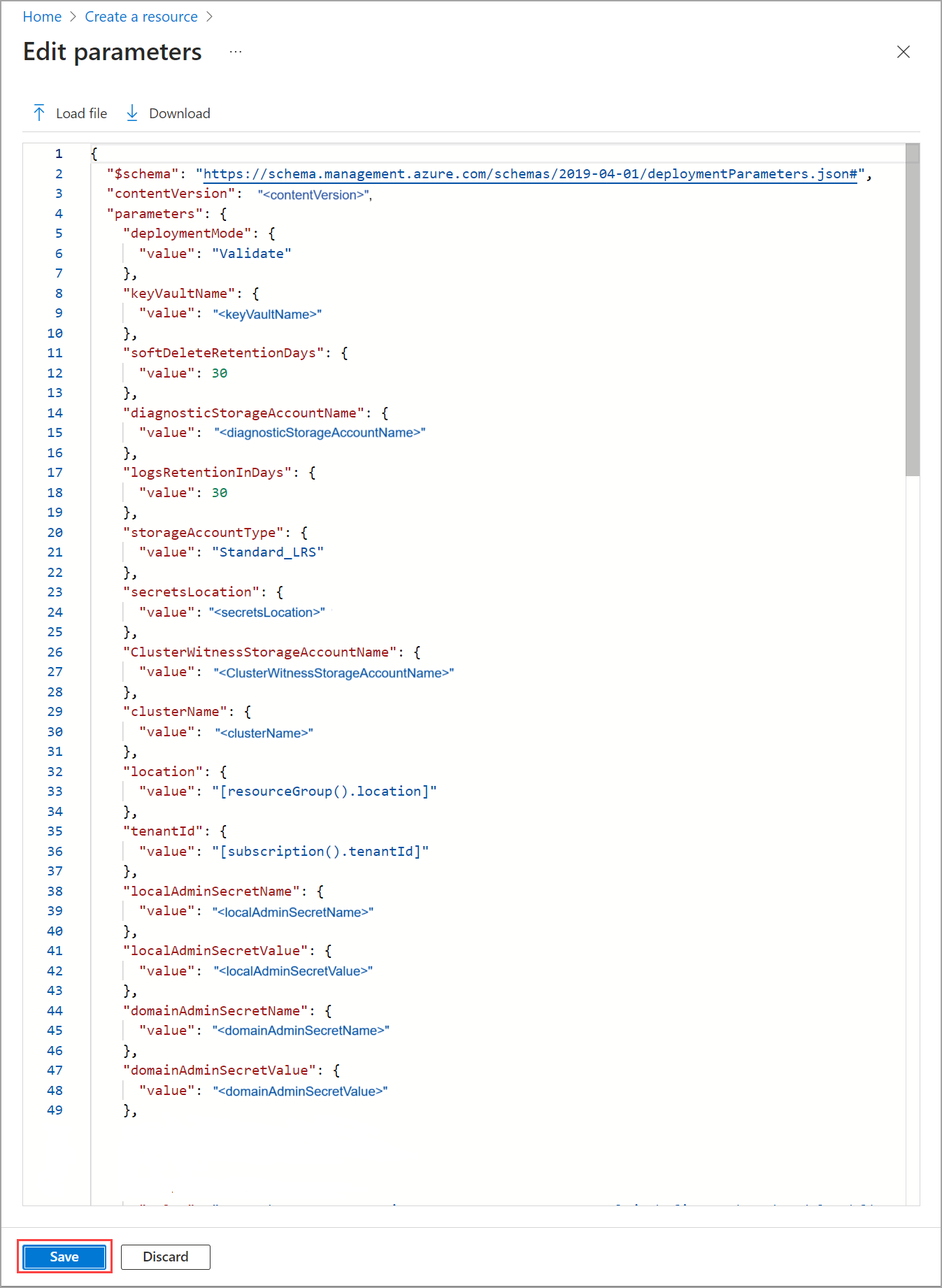 Screenshot showing parameters filled out for the template.