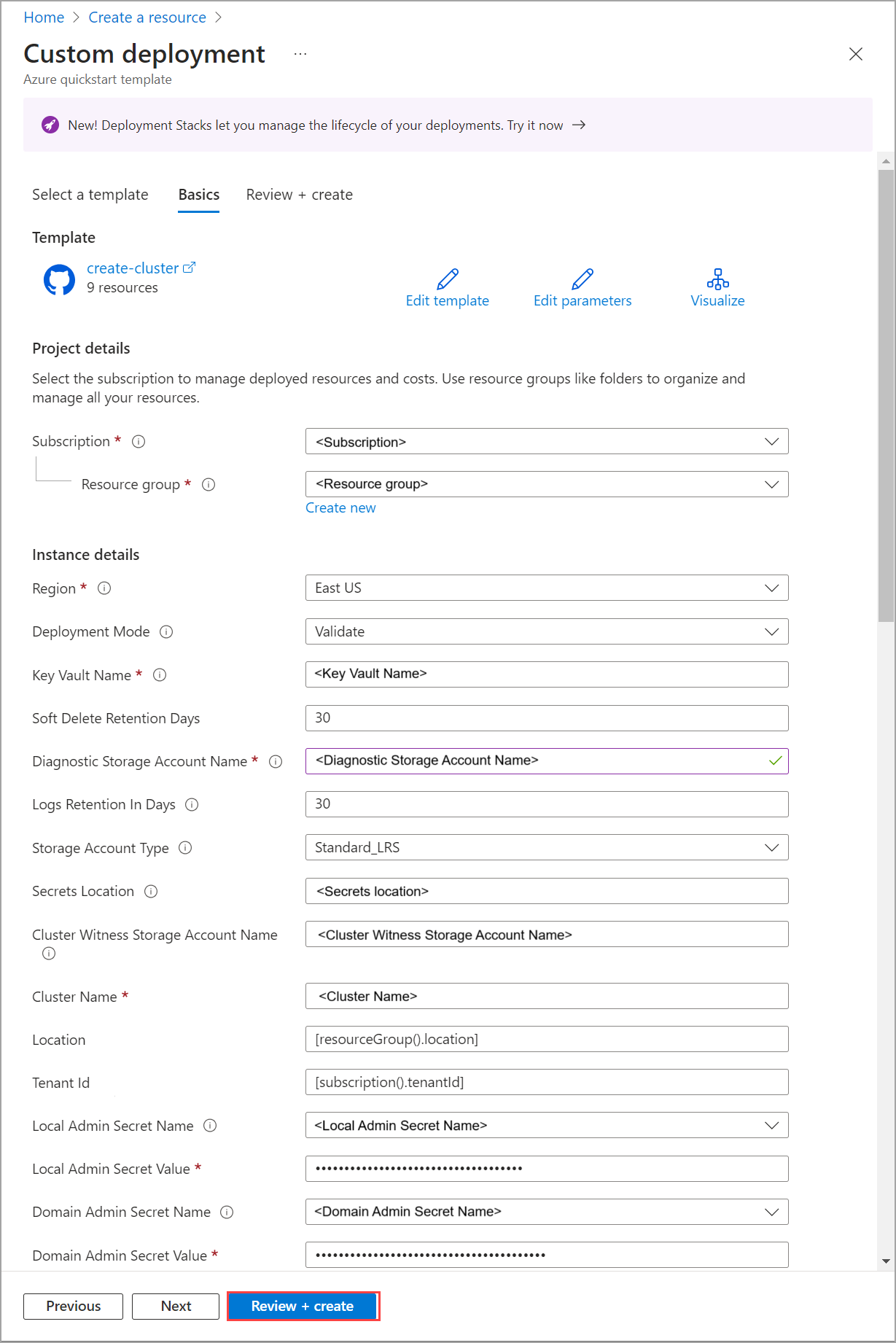 Screenshot showing Review + Create selected on Basics tab.
