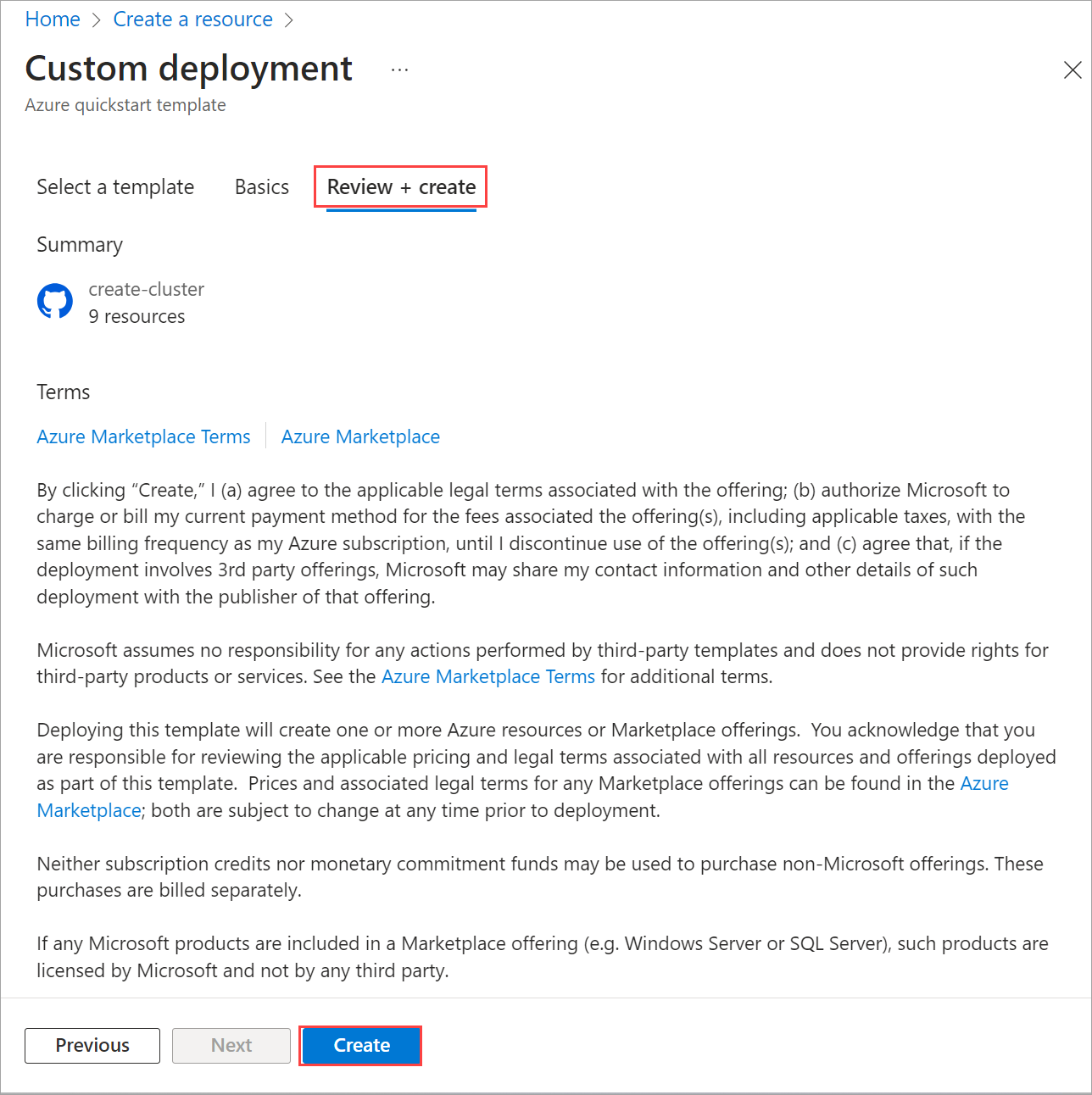Screenshot showing Create selected on Review + Create tab.
