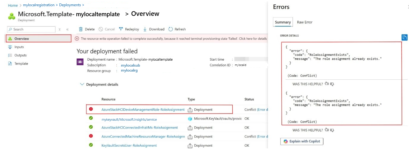 Screenshot showing the role assignment error in the Errors blade.