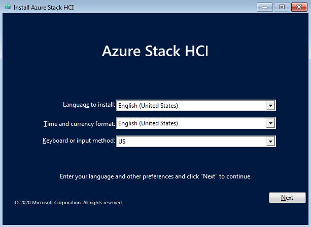 Screenshot of the language page of the Install Azure Stack HCI wizard.