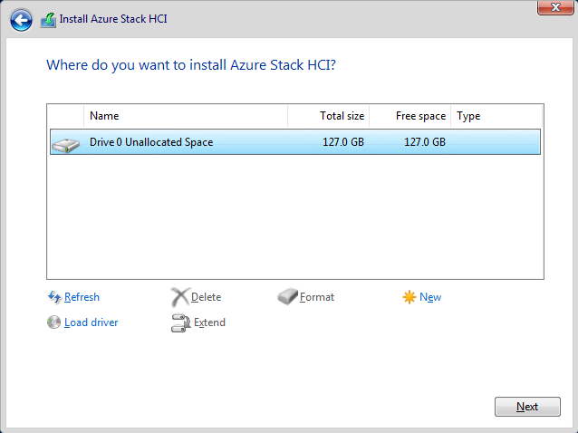 Screenshot of the installation type page of the Install Azure Stack HCI wizard.