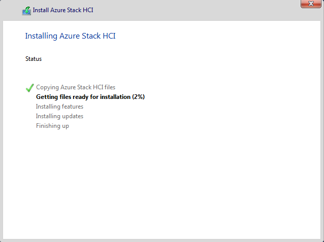 Screenshot of the status page of the Install Azure Stack HCI wizard.