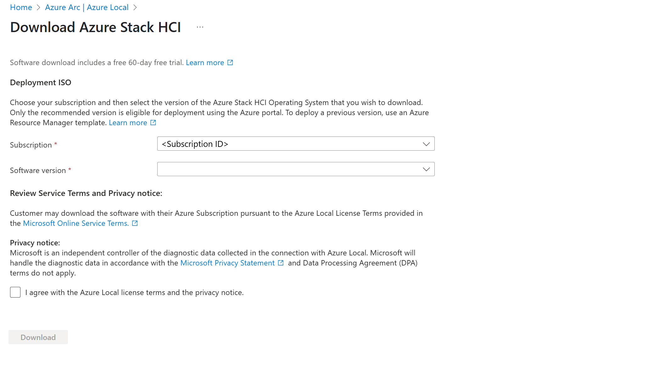 Screenshot of the Download Azure Stack HCI OS version 23H2 page showing step 1.