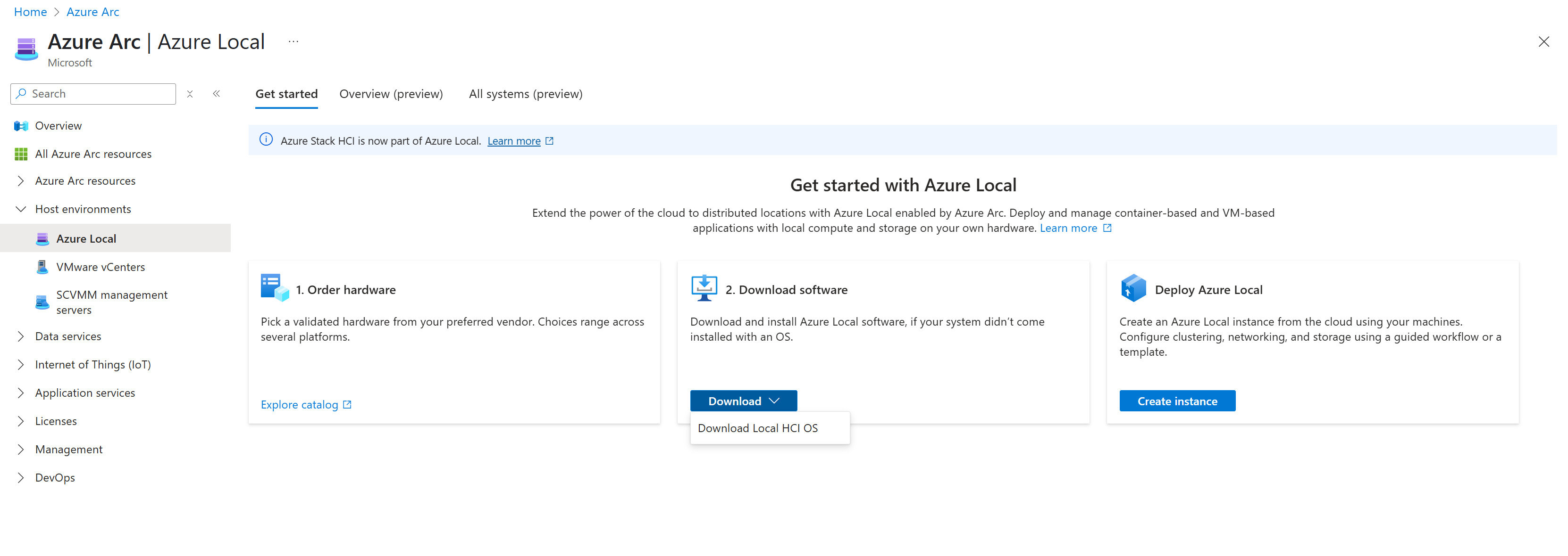 Screenshot of the Get started page with the option to download the Azure Stack HCI OS.