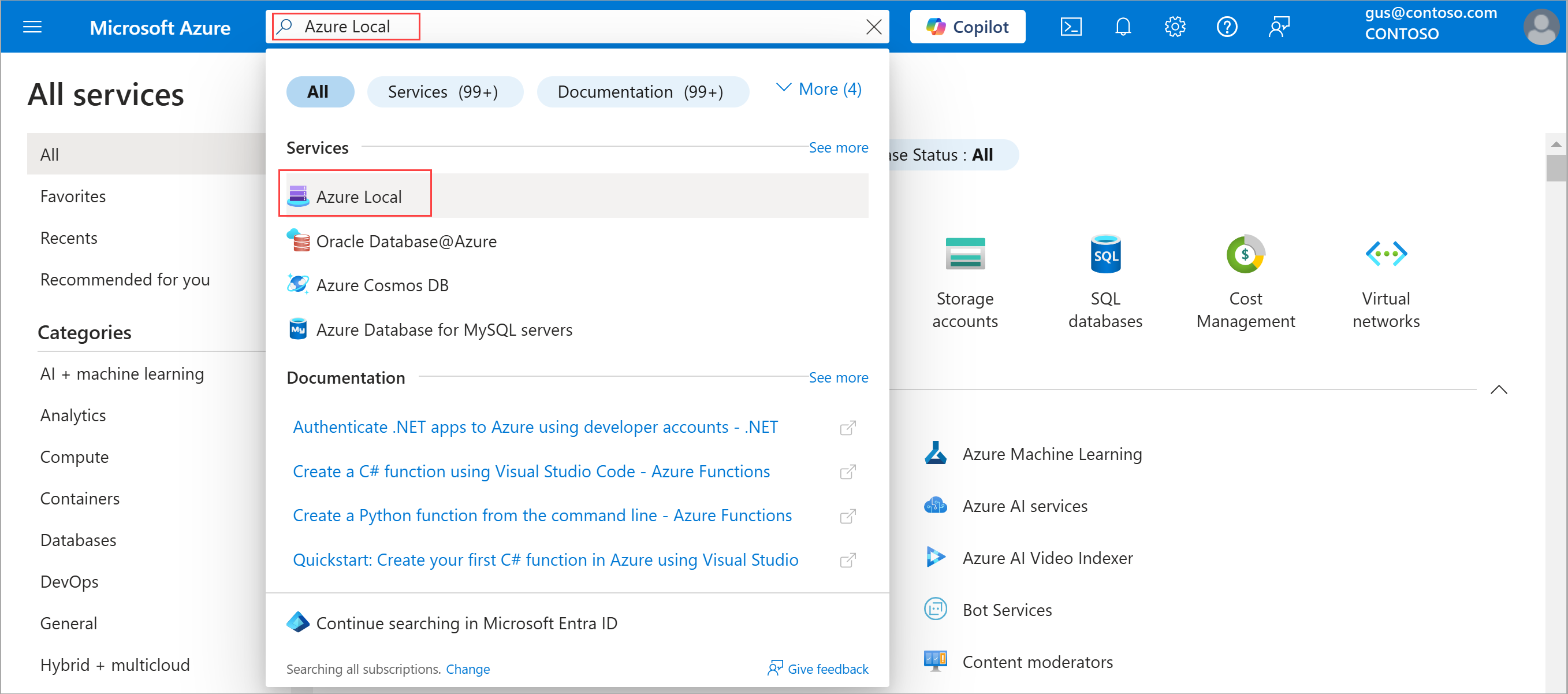 Screenshot that shows how to search for Azure Local.