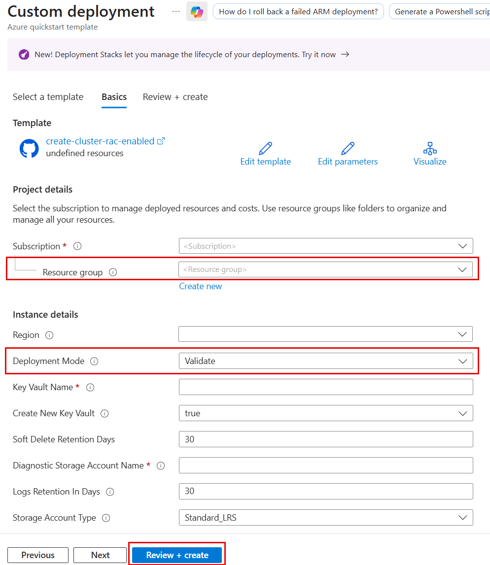 Screenshot showing Review + Create selected on Basics tab.