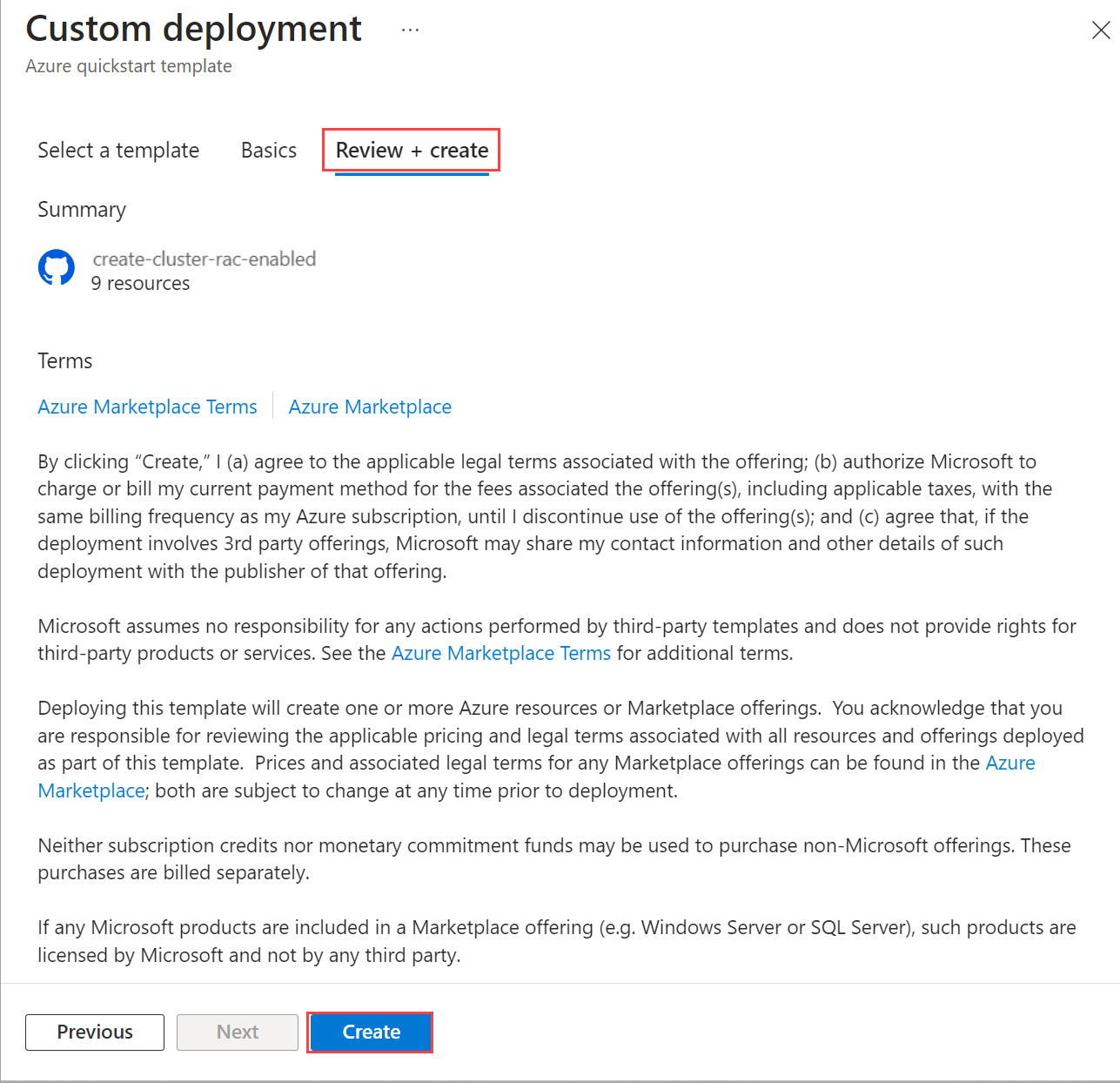 Screenshot showing Create selected on Review + Create tab.