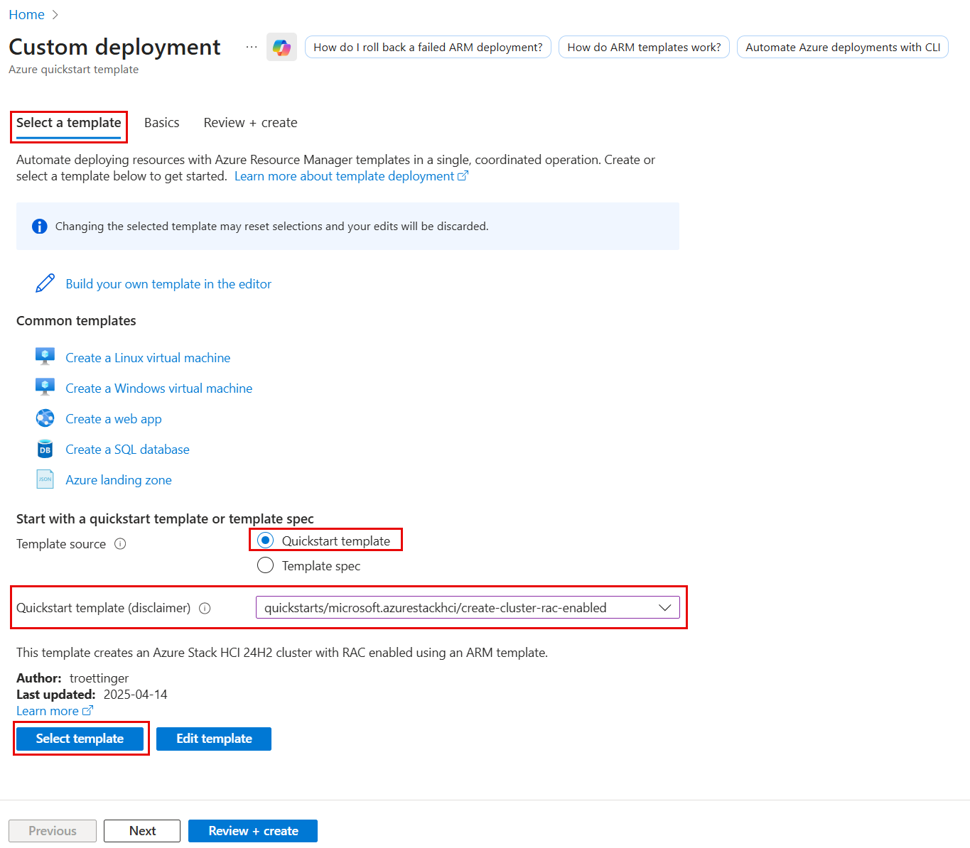 Screenshot showing template to deploy rack aware cluster.