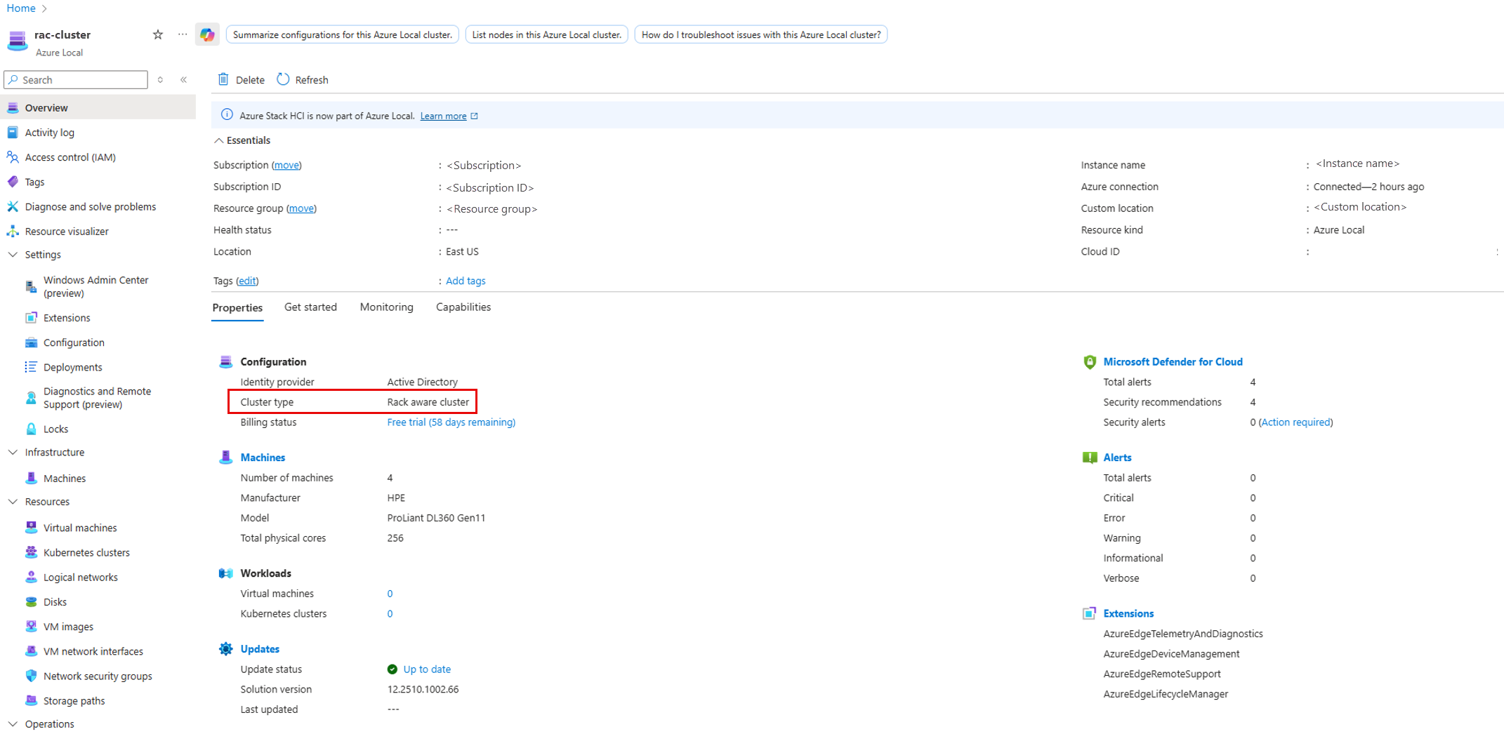 Screenshot of the cluster Overview page showing the cluster type as Rack aware cluster.