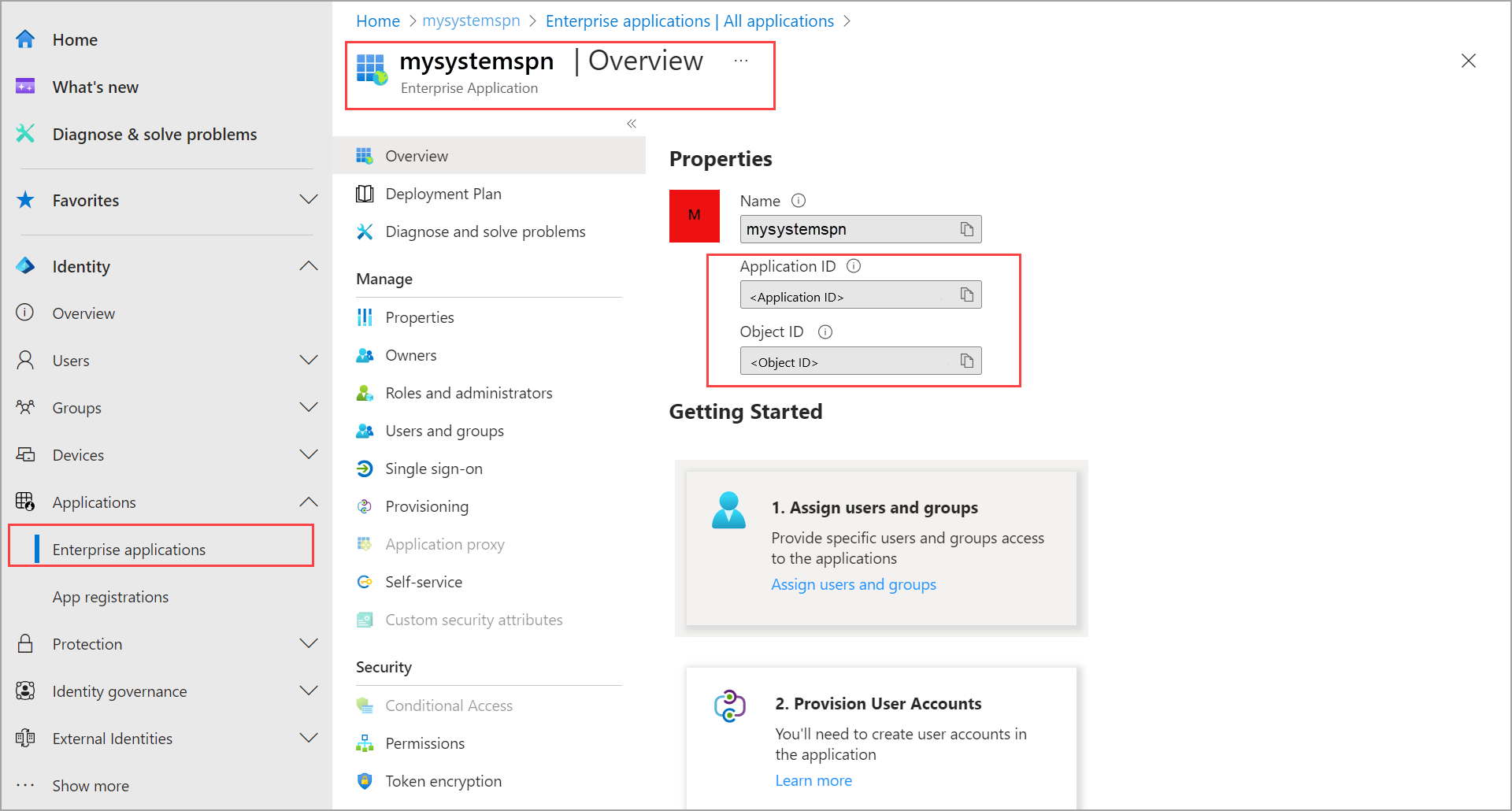 Screenshot showing Application (client) ID and the object ID for the service principal created.