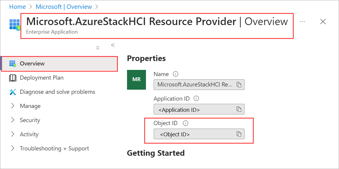 Screenshot showing the object ID for the Azure Local Resource Provider service principal.