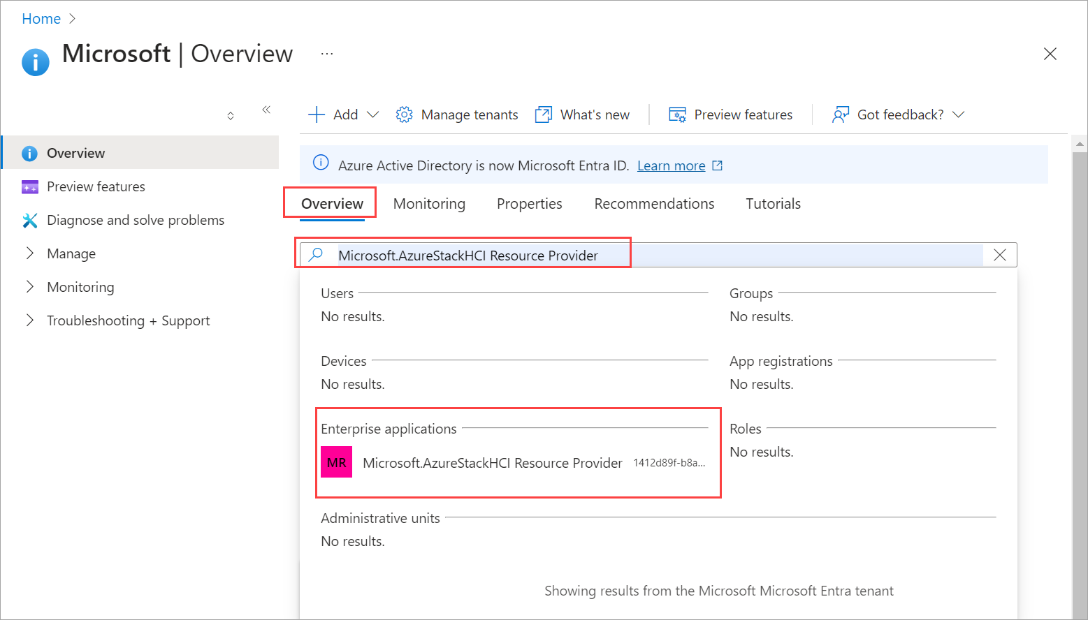 Screenshot showing the search for the Azure Local Resource Provider service principal.