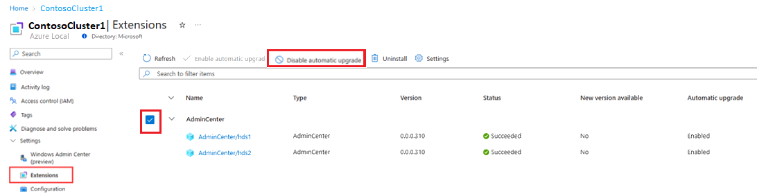 Screenshot of how to disable auto upgrade in the Azure portal.