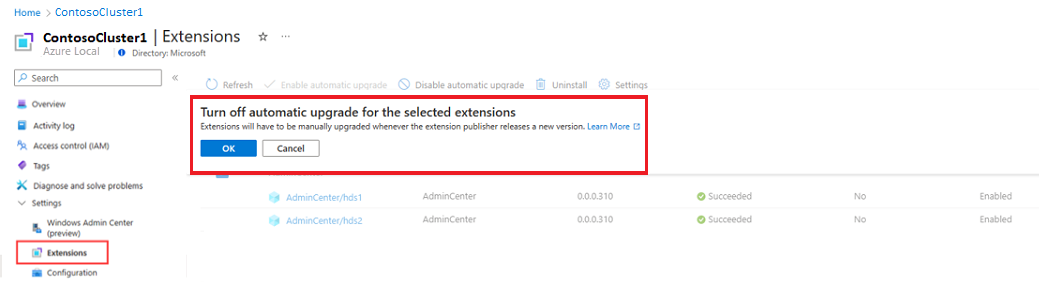 Screenshot of notification when you disable auto upgrade in the Azure portal.