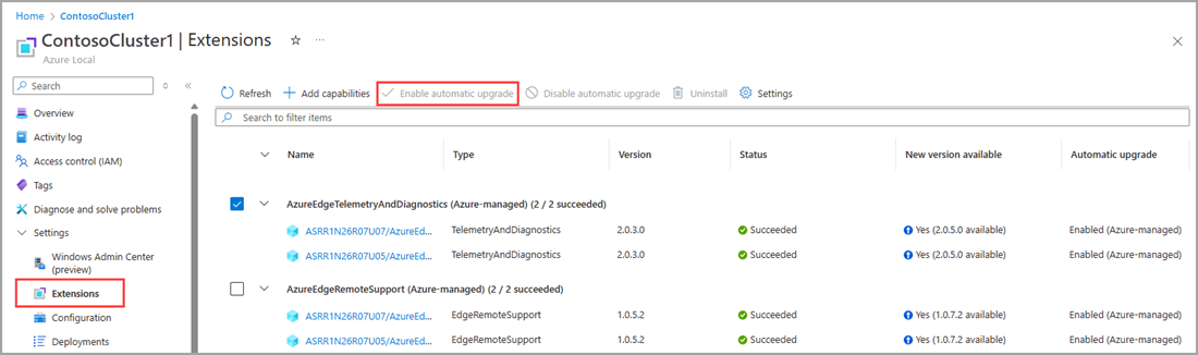 Screenshot of how to enable auto upgrade in the Azure portal.