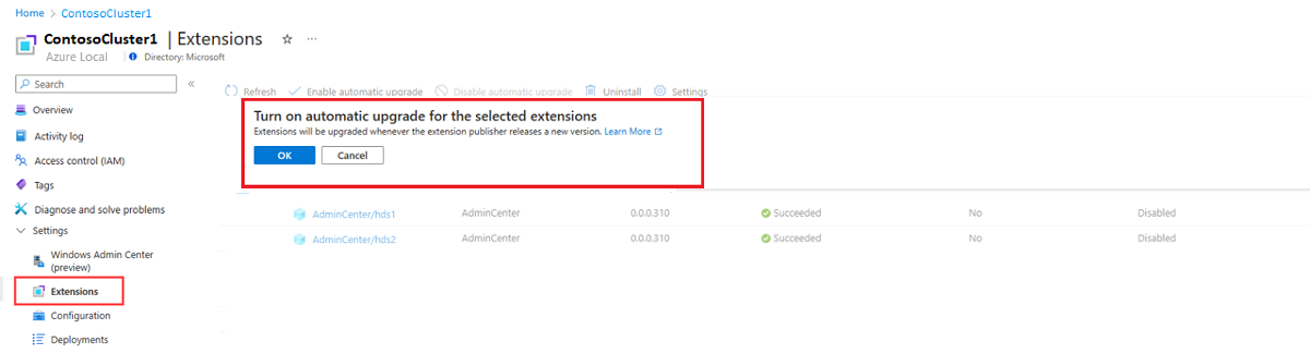 Screenshot of the notification to enable auto upgrade in the Azure portal.