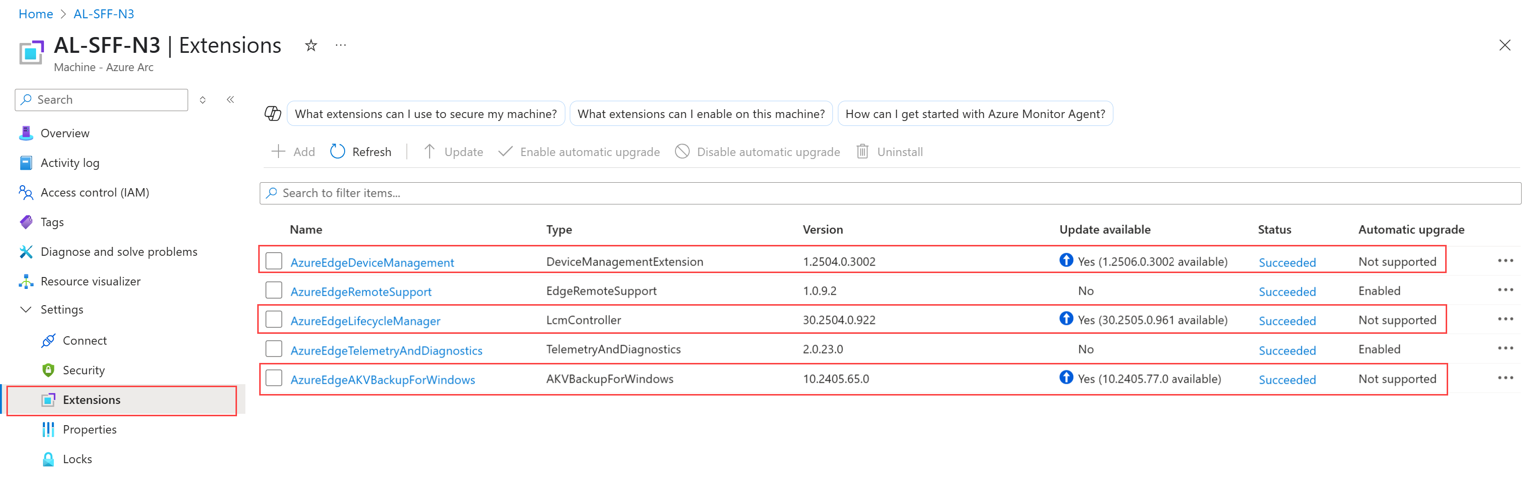 Screenshot of extensions that shouldn't be manually updated.