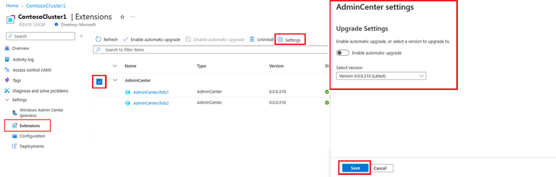 Screenshot of how to manually upgrade an extension in the Azure portal.