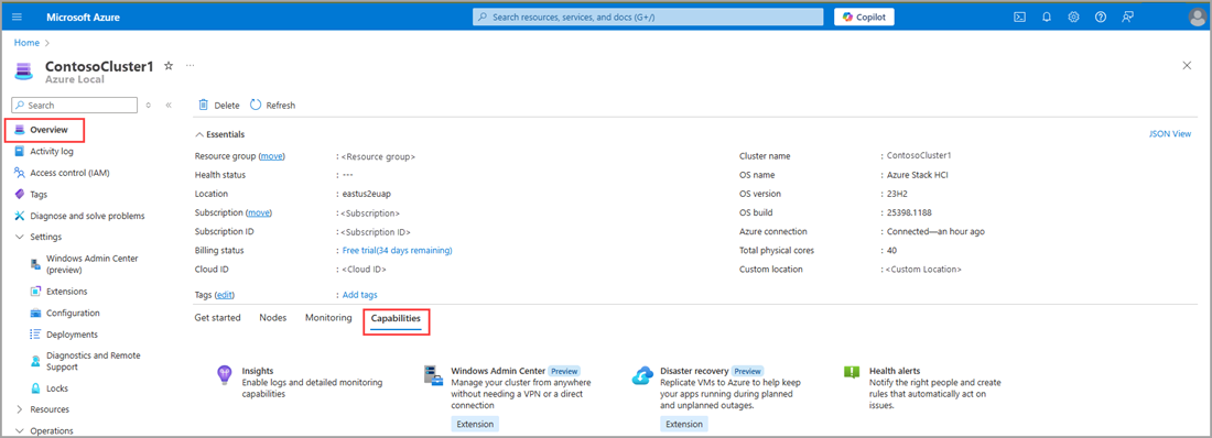 Screenshot of the Capabilities tab and options in the Azure portal.